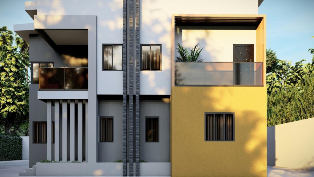Modern Architectural Villa Exterior with Yellow Accent 4K Wallpaper
