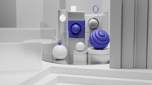 Abstract 3D Geometric Shapes with Blue Spheres Minimalist PC Wallpaper