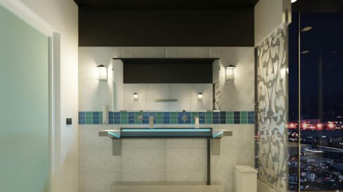 Luxury Modern Bathroom Interior with Blue Accent Tiles 4K Desktop Wallpaper