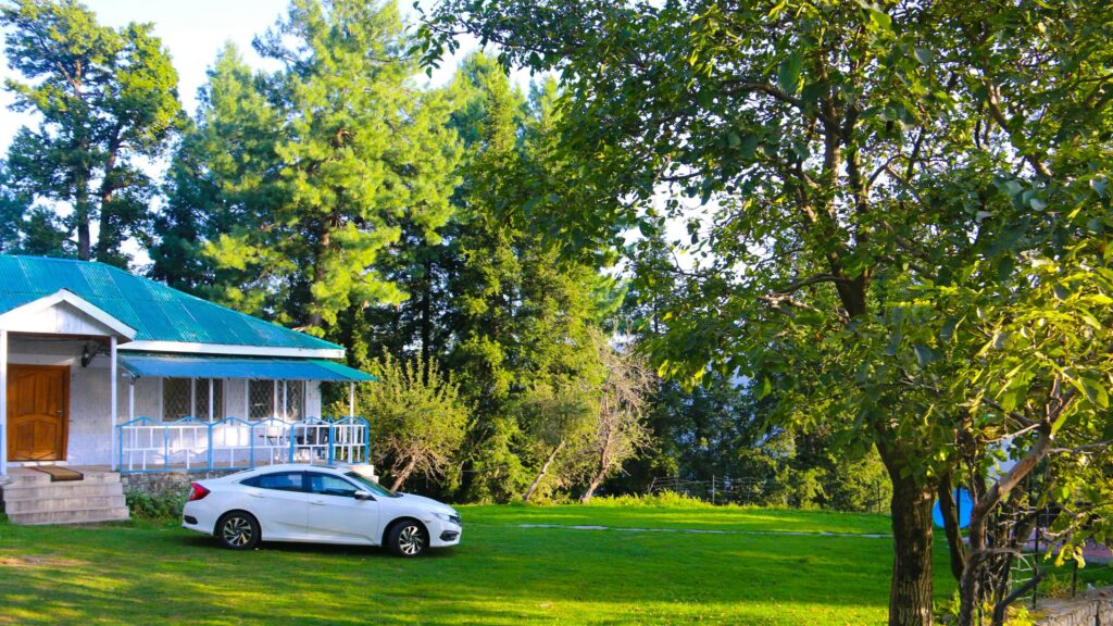 White Car Parked at a Beautiful Mountain Cottage Desktop Wallpaper