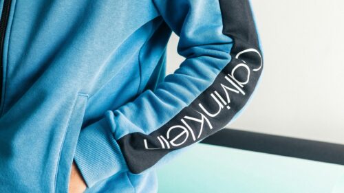 Calvin Klein Blue Hoodie Sleeve Close-Up 4K Wallpaper