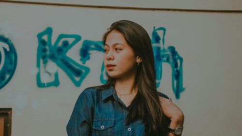 Asian Girl Looking Away Urban Graffiti Wall PC Wallpaper
