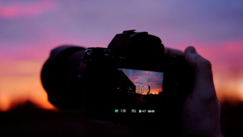 Camera Viewfinder Capturing Dramatic Sunset 4K Desktop Wallpaper