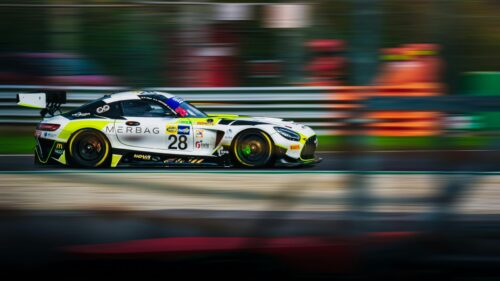 White and Lime Mercedes-AMG GT3 Race Car Motion Blur 4K Wallpaper