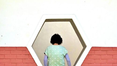 Minimalist Woman in Polka Dot Shirt Framed by Hexagon Window Desktop Wallpaper