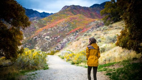 Woman Hiking on Scenic Mountain Trail Autumn Forest 4K Wallpaper