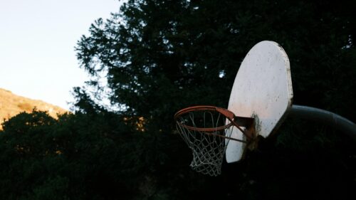 Rustic Basketball Hoop at Golden Hour Scenic Desktop Wallpaper