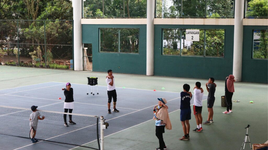 Tennis Court Training Group Stretching Morning Session 4K Wallpaper