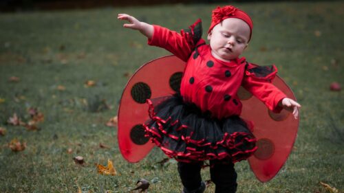 Adorable Baby Ladybug Costume in Autumn Garden Desktop Wallpaper