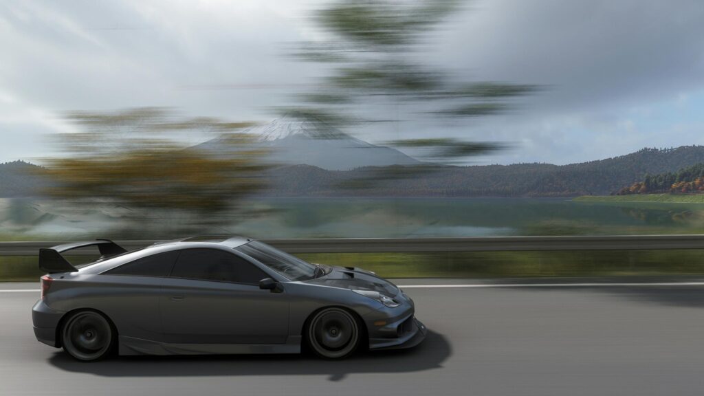 Grey Toyota Celica Drifting Near Mount Fuji Desktop Wallpaper