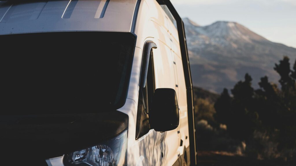 Camper Van Adventure at Sunrise Mountain Landscape Desktop Wallpaper