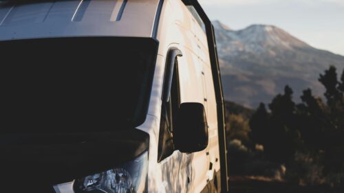 Camper Van Adventure at Sunrise Mountain Landscape Desktop Wallpaper