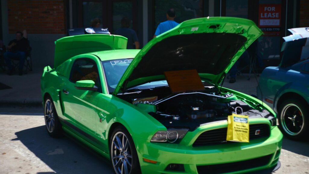 Neon Green Roush Mustang Sports Car at Outdoor Car Show Desktop Wallpaper
