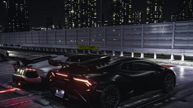 Black and Silver Lamborghini Supercars at Night Parking Lot 4K Wallpaper
