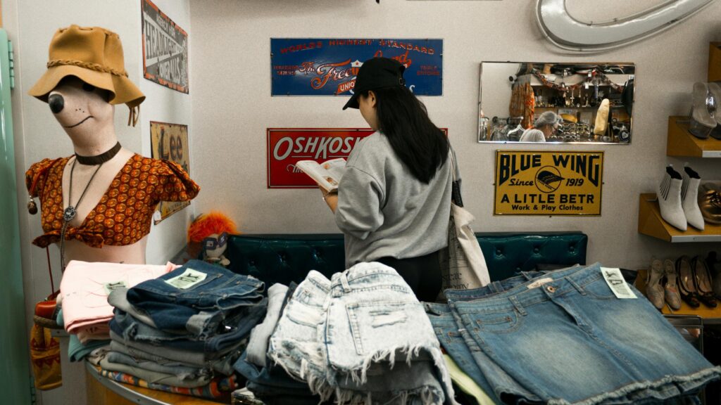 Woman Reading in a Vintage Clothing Store Desktop Wallpaper