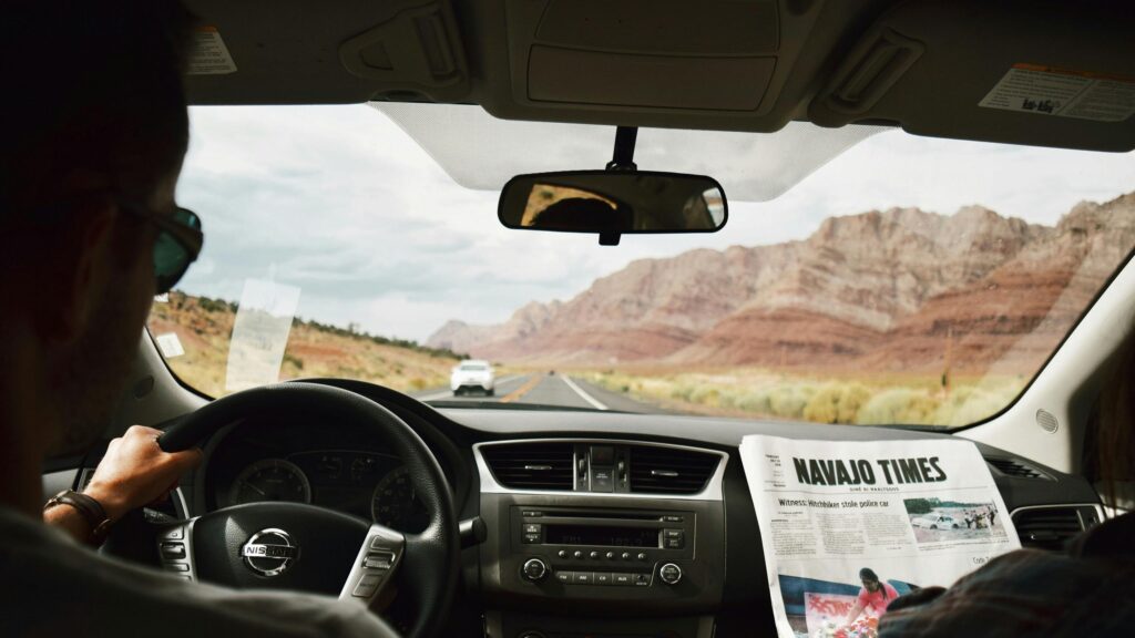 Scenic Road Trip Desert Drive Through Red Rock Mountains Desktop Wallpaper