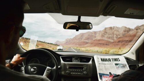 Scenic Road Trip Desert Drive Through Red Rock Mountains Desktop Wallpaper