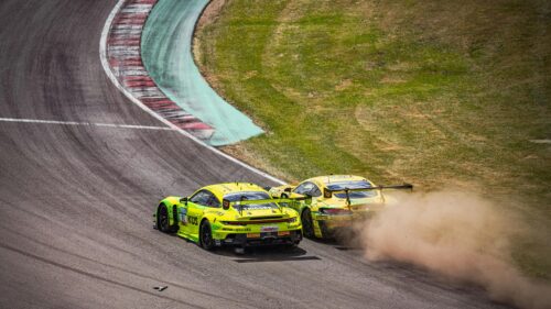 GT3 Racing Cars Duel on Circuit Track 4K Wallpaper
