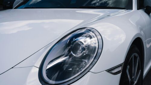 White Porsche 911 Sports Car Headlight Closeup 4K Desktop Wallpaper