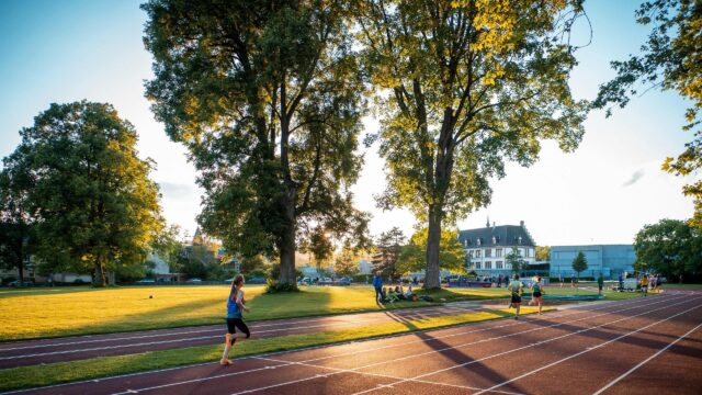 Athletes Running on a Sunny Track Field Desktop Wallpaper
