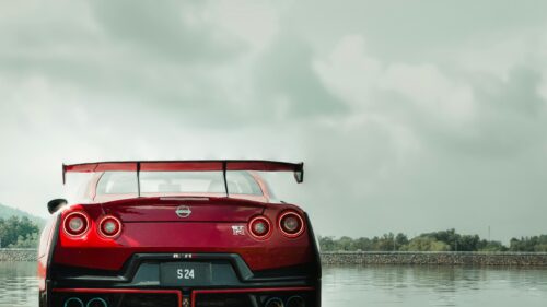 Red Nissan GT-R Nismo Rear View Sunset Lake Desktop Wallpaper