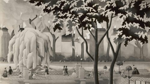 Vintage Park Stroll Black and White Illustration Desktop Wallpaper