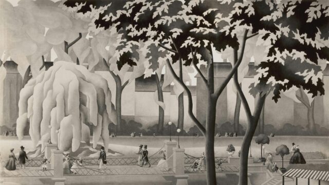 Vintage Park Stroll Black and White Illustration Desktop Wallpaper