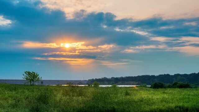 Golden Hour Sunset Over Serene Meadow and Lake Landscape Desktop Wallpaper