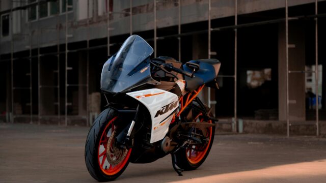 KTM RC 390 Sportbike parked in Urban Construction Site Desktop Wallpaper