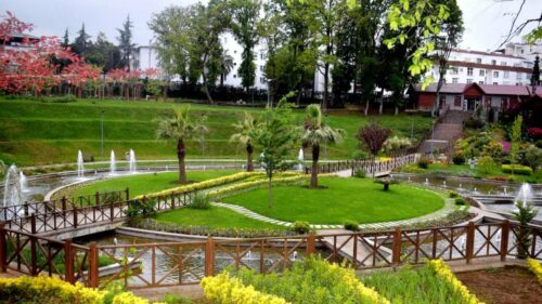 Beautiful Lush Green Park with Fountains and Wooden Bridges Desktop Wallpaper