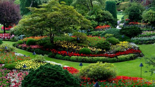 Lush Sunken Garden with Vibrant Flowers 4K Desktop Wallpaper