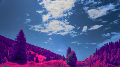 Surreal Purple Pine Forest and Mountain Landscape 4K Wallpaper