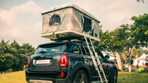 Mini Countryman with Roof Tent Camping Adventure Desktop Wallpaper