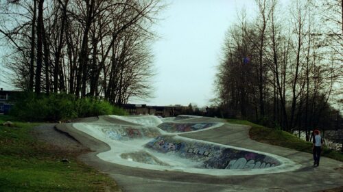 Graffiti Covered Concrete Skate Bowl in an Autumnal Park Desktop Wallpaper