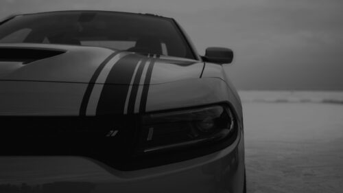 Aggressive Dodge Charger Front View in Black and White Desktop Wallpaper