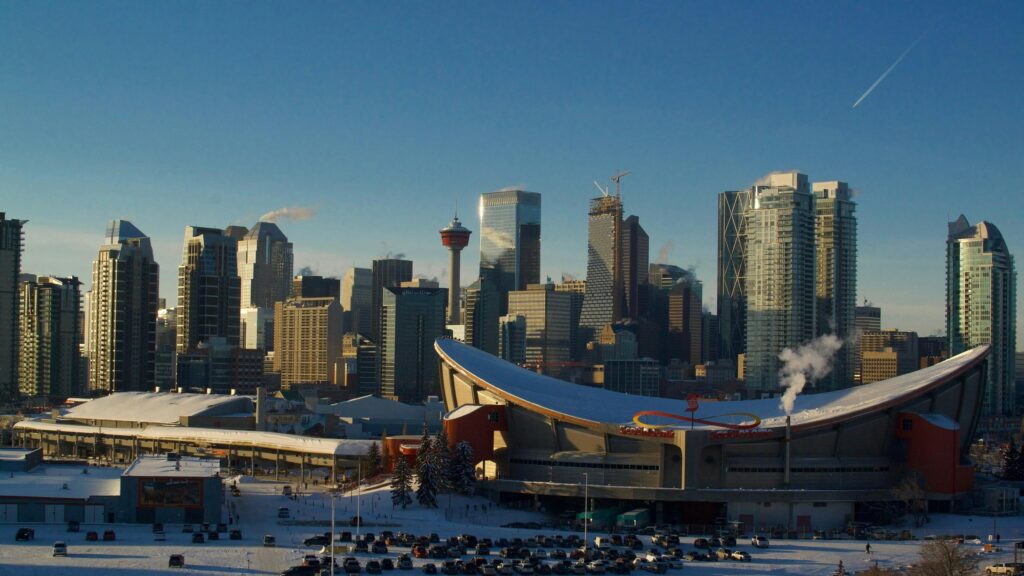 Calgary Skyline and Scotiabank Saddledome Winter Landscape PC Wallpaper