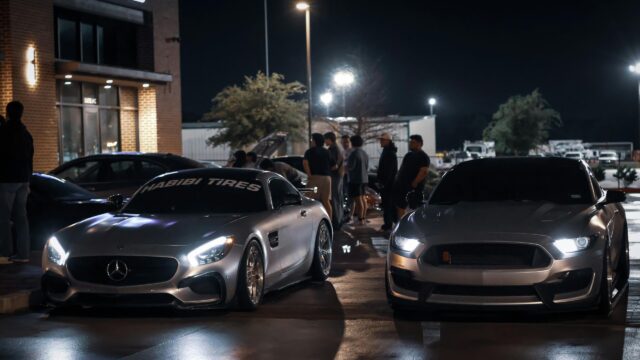 Mercedes-AMG GT and Ford Mustang at Night Car Meet 4K Wallpaper
