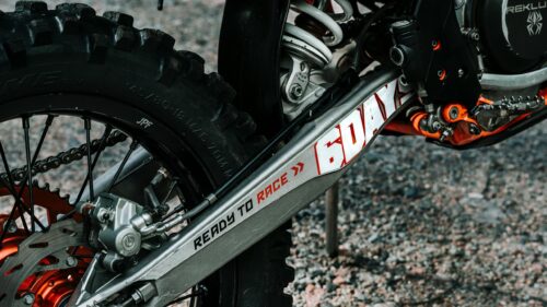 Close-up KTM 6 Days Dirt Bike Swingarm Ready to Race Desktop Wallpaper
