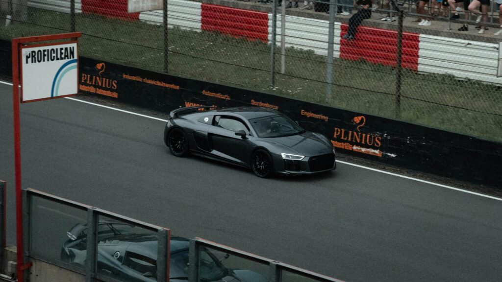 Dark Grey Audi R8 Sports Car on Racetrack Desktop Wallpaper
