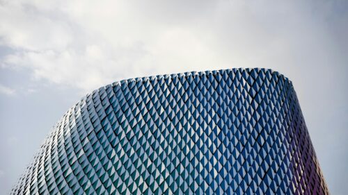 Abstract Geometric Blue Skyscraper Exterior Architecture 4K Wallpaper