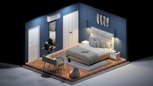 Modern Isometric Bedroom Interior Design 4K Wallpaper