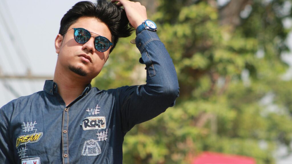 Stylish Young Man in Denim Shirt Portrait Desktop Wallpaper