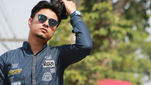 Stylish Young Man in Denim Shirt Portrait Desktop Wallpaper