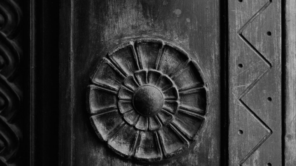 Intricate Wood Carved Floral Pattern Black and White Desktop Wallpaper
