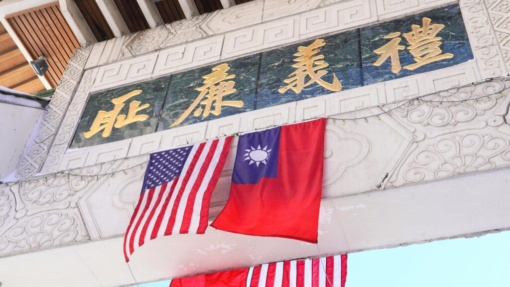 US and Taiwan Flags Under Traditional Chinese Architecture Desktop Wallpaper