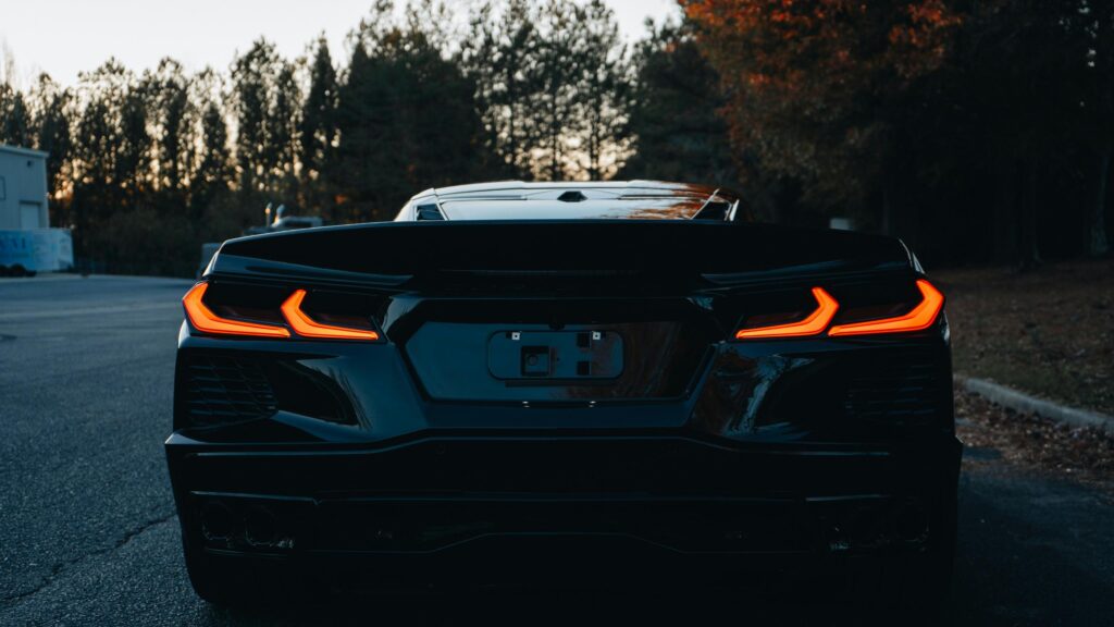 Black Chevrolet Corvette C8 Rear View Sports Car 4K Wallpaper