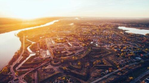 Stunning Aerial View of Daugavpils Fortress at Golden Hour 4K Wallpaper
