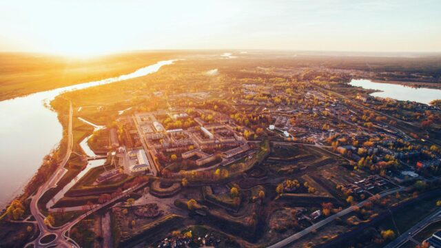 Stunning Aerial View of Daugavpils Fortress at Golden Hour 4K Wallpaper