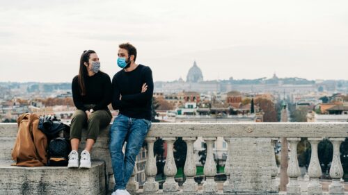 Couple Sitting at Pincio Terrace overlooking St Peter’s Basilica Desktop Wallpaper
