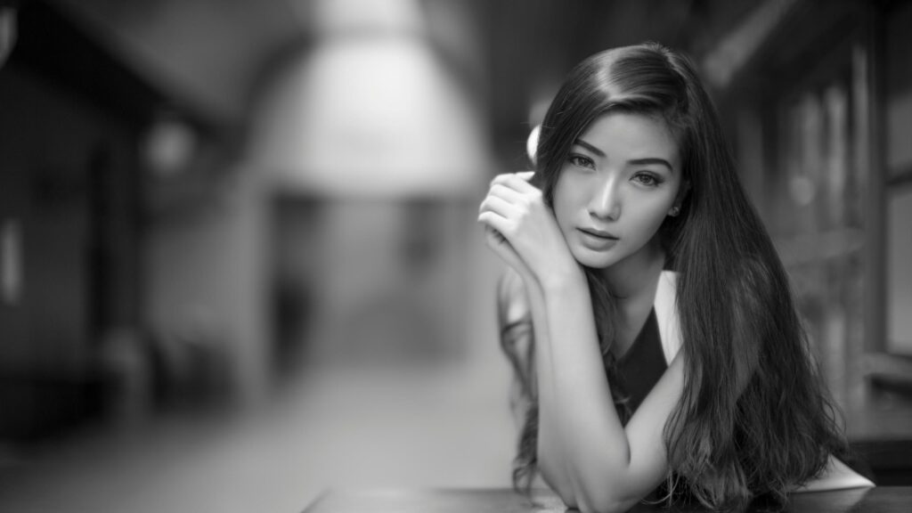 Beautiful Young Asian Woman Portrait Black and White Desktop Wallpaper